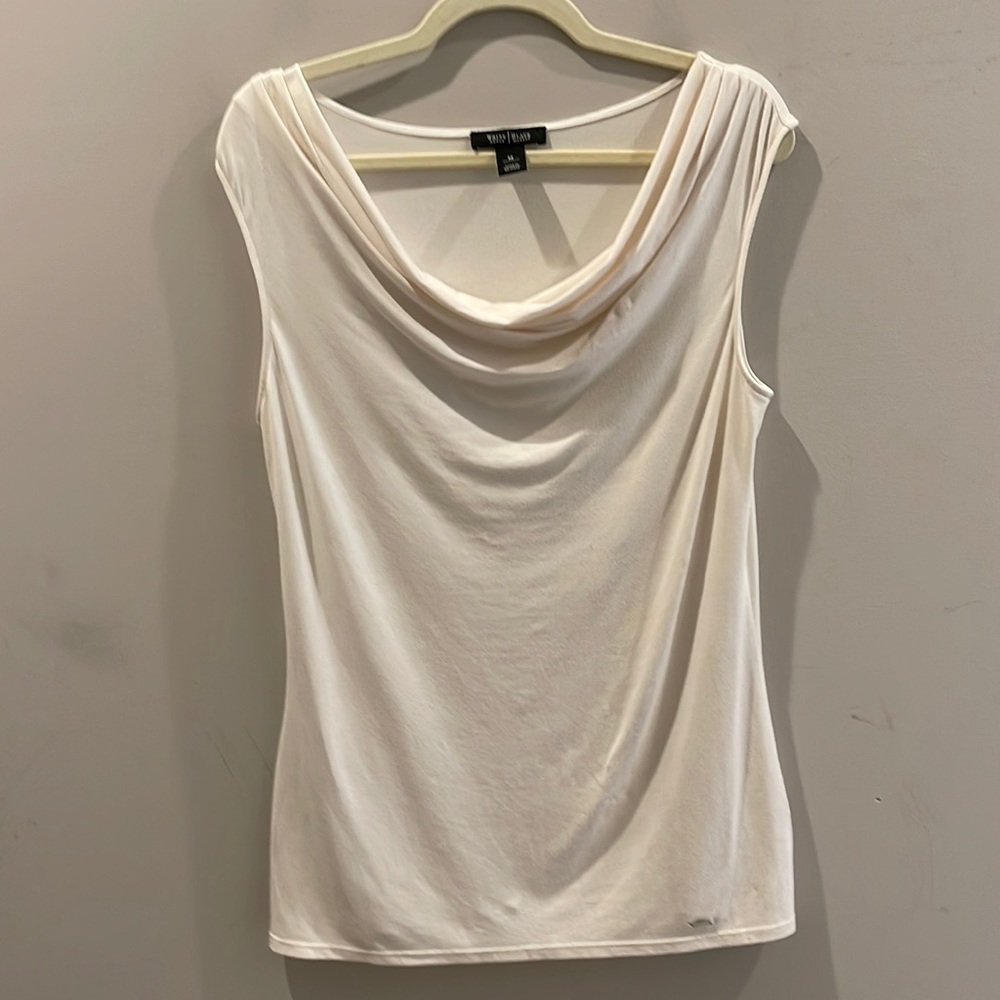 Off White Sleeveless Fitted Shirt With Drape Neck